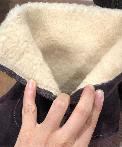 Soft Coffee Cowhide Leather Boots Fuzzy Wool Lined Ankle Boots