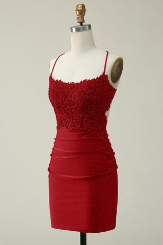 Hot Selling Bodycon Spaghetti Straps Dark Green Short Homecoming Dress with Appliques
