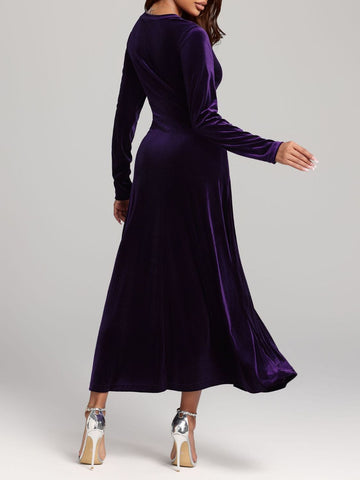 V-Neck Long Sleeve Velvet Midi Dress
