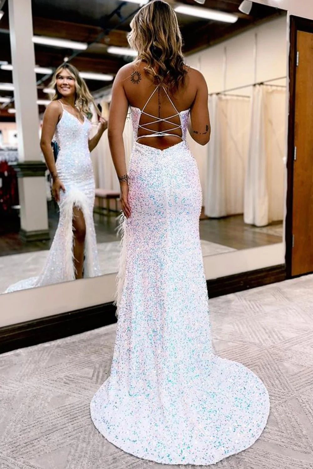 Sheath Spaghetti Straps Black Sequins Long Prom Dress with Split Front