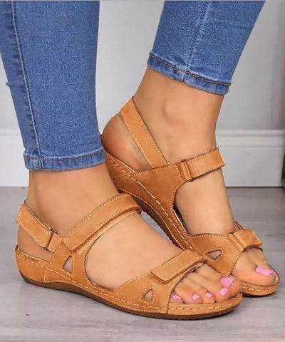 0508Boho Splicing Peep Toe Wedge Sandals Brown Faux Leather
