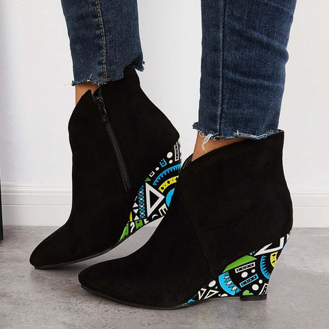 Suede Wedge High Heeled Ankle Boots Pointed Toe Dress Booties