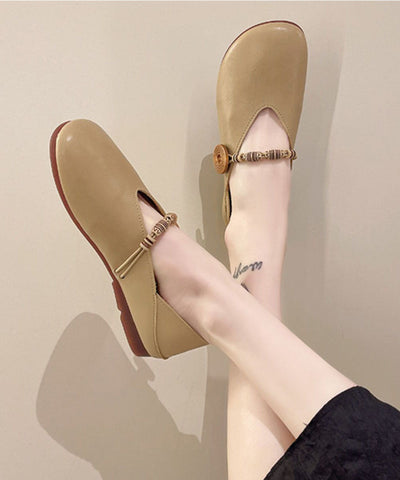 Khakifarbene Flats aus Rindsleder, bequeme Schuhe mit Schnallenriemen für Plattfüße