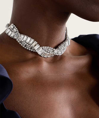 Original Design Silvery Zircon Crossover Design Collar Necklace