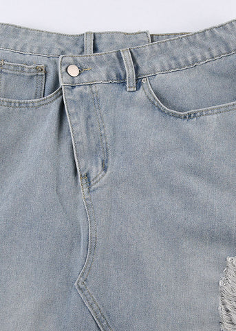 Stylish Blue Pockets Asymmetrical Patchwork Ripped Denim Skirt Summer