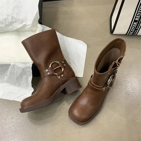 2024 Winter Short Boots For Women Fashion Belt Buckle Biker Boots Female Elegant Square Heel Women's Knight Bootties