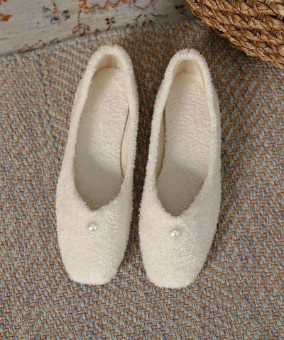 Beige, bequeme, vielseitige, flauschige Schuhe aus flauschigem Fell für Plattfüße