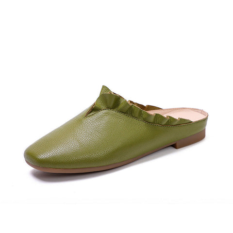 Women 2022 Vintage Leather Ruffle Trim Casual Slippers