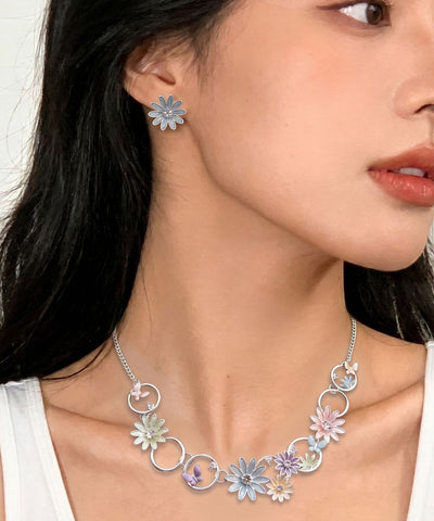 Bohemian Coffee Alloy Hollow Out Daisy Butterfly Pendant Necklace And Stud Earrings Two-Piece Set