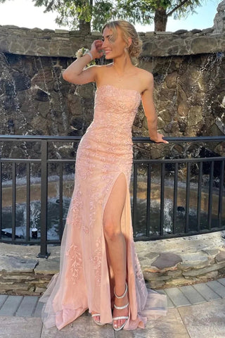 Meerjungfrau-Trägerloses langes Spitzen-Ballkleid mit Schlitz