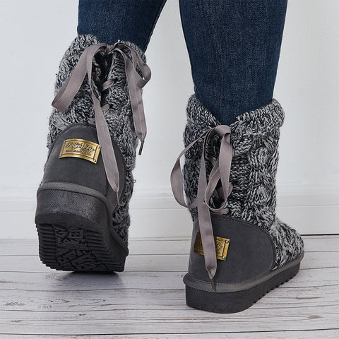 Knit Splicing Warm Ankle Boots Lace Up Winter Short Booties