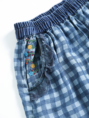 Women Retro Plaid Embroidery Spliced Lacework Harem Pants