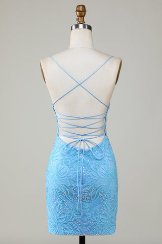 Funkelndes, blaues, figurbetontes, kurzes Homecoming-Kleid mit Spaghettiträgern und Perlen