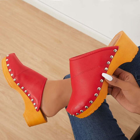 Women Casual Heeled Mules Closed Toe Slip-on Slide Sandals