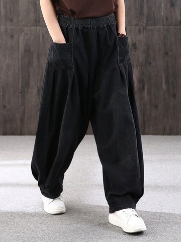 Leisure Solid Denim Puff Pants Bottoms