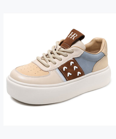 Beige Flache Schuhe Plattform Rindsleder Leder Casual Lace Up