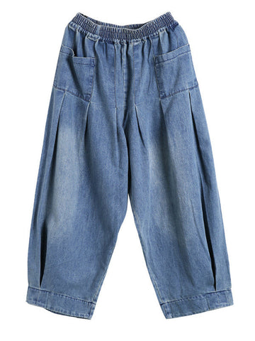 Leisure Solid Denim Puff Pants Bottoms