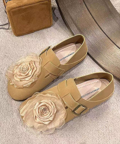 Khakifarbene, weiche flache Schuhe aus Kunstleder mit Blumenmuster für Damen