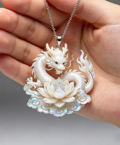 Style White Stainless Steel Auspicious Clouds Lotus Divine Dragon Pendant Necklace