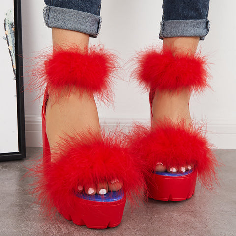 Furry Platform Chunky High Heels Open Toe Ankle Strap Sandals