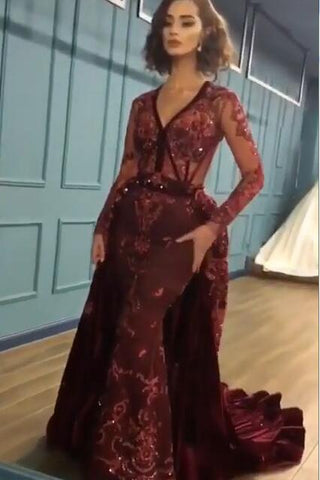 Charming Beading Burgundy Evening Gowns Long Sleeves Prom Dresses with Appliques
