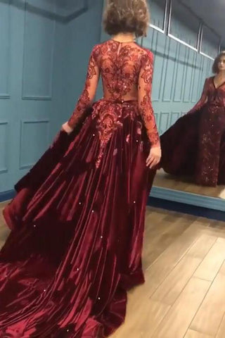 Charming Beading Burgundy Evening Gowns Long Sleeves Prom Dresses with Appliques