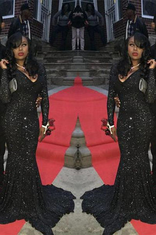 Charming Black Sequins Long Sleeves Deep-V-Neck Alluring Prom Dresses