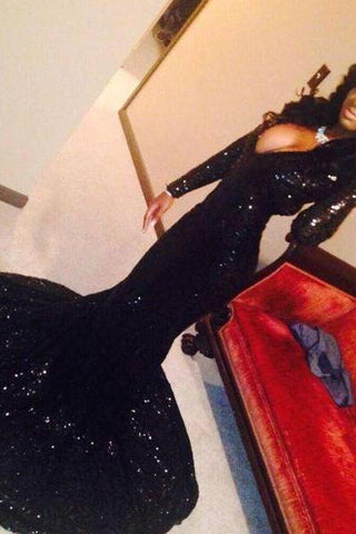 Charming Black Sequins Long Sleeves Deep-V-Neck Alluring Prom Dresses