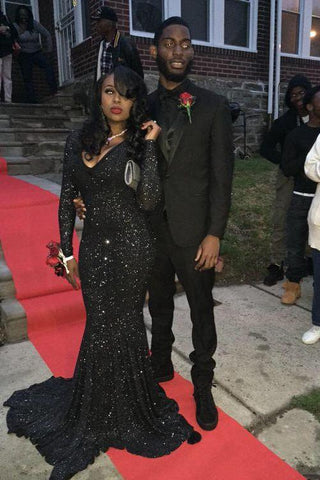Charming Black Sequins Long Sleeves Deep-V-Neck Alluring Prom Dresses