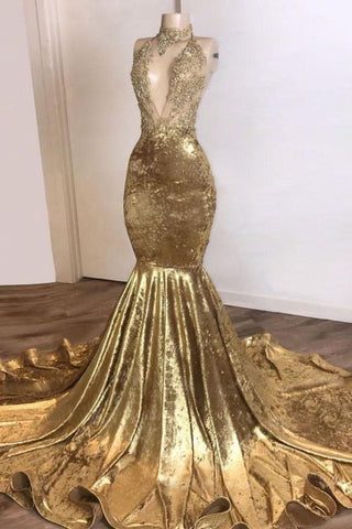 Charming Champagne Gold Sexy Deep V-Neck Court Train Mermaid Prom Dresses