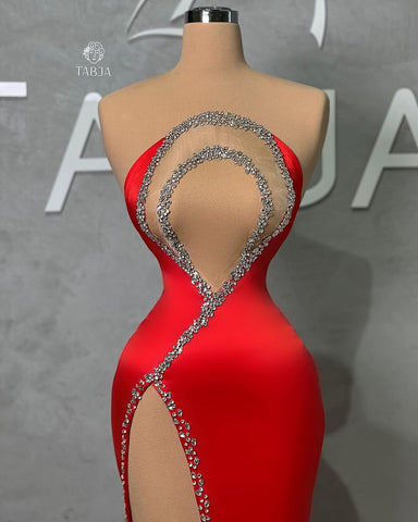 Charming Long Red Mermaid Beading Sleeveless Evening Party Gowns Long Slit Online