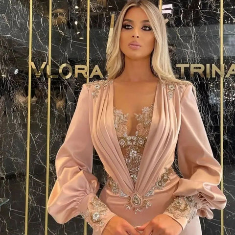 Charming Long Sleeves Mermaid Evening Party Gowns with Appliques
