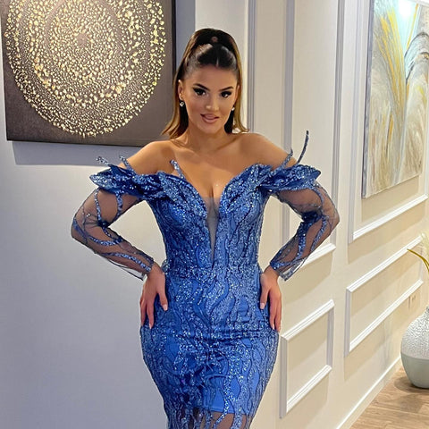 Charming V-Neck Long Sleeves Sheath Mermaid Lace Evening Party Gowns