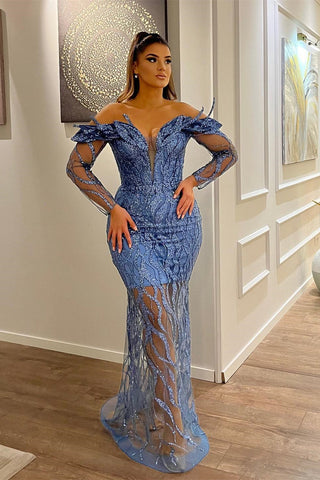 Charming V-Neck Long Sleeves Sheath Mermaid Lace Evening Party Gowns