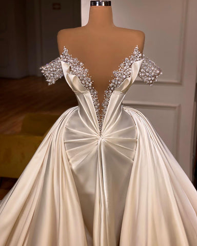 Charming V-Neck Off-the-Shoulder Evening Party Gowns with Beads