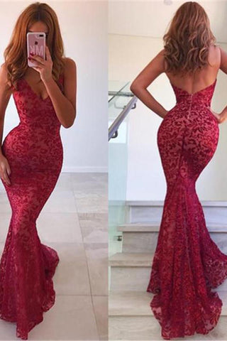 Chic Backless Mermaid Prom Dresses Long Red Sleeveless V-Neck Evening Party Gowns