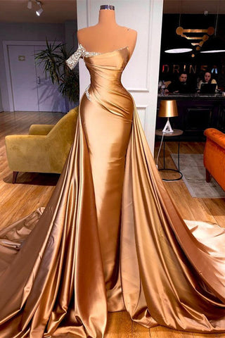 Chic Beaded Mermaid Prom Dress With Court Train One Shoulder