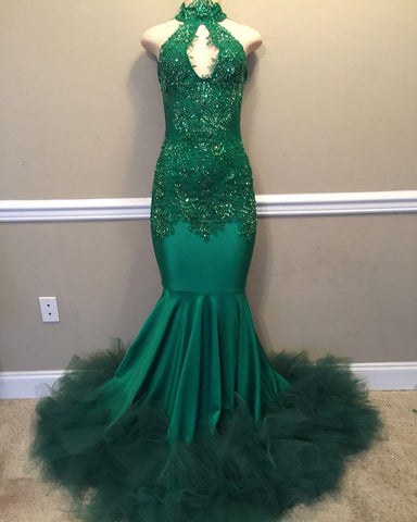 Chic Beads Appliques Halter Prom Dresses Fit and Flare Sleeveless Tulle Evening Gowns