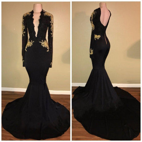 Chic Black and Gold Prom Dresses Sexy Deep V-Neck Long Sleeves Evening Gowns