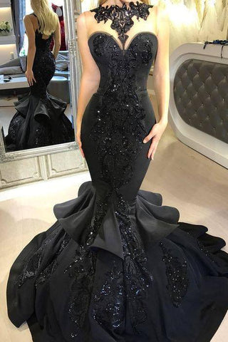 Schicke schwarze Meerjungfrau AbendkleiderLange Pailletten Rüschen Partykleider