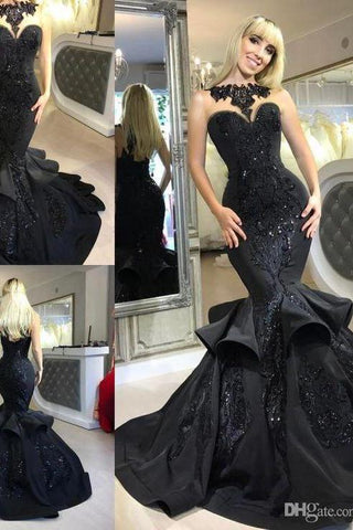 Schicke schwarze Meerjungfrau AbendkleiderLange Pailletten Rüschen Partykleider