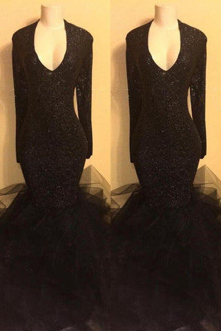 Chic black sequins prom dress, ruffles Evening Party Gowns