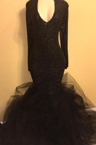 Chic black sequins prom dress, ruffles Evening Party Gowns
