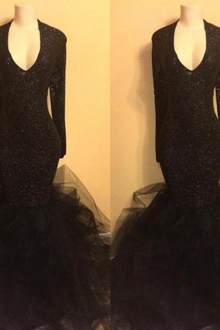 Chic black sequins prom dress, ruffles Evening Party Gowns