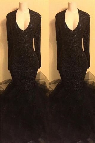 Chic black sequins prom dress, ruffles Evening Party Gowns