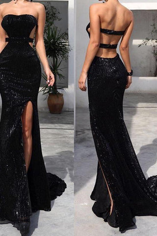Chic Black Tube Top Sequins Long Prom Dress With Split White Open Back Party Gowns