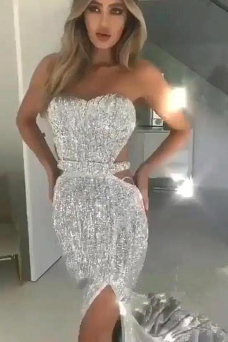 Chic Black Tube Top Sequins Long Prom Dress With Split White Open Back Party Gowns