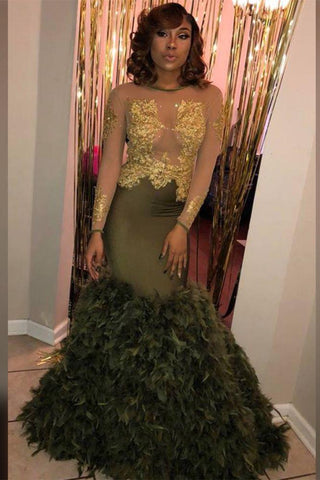 Chic Crew Neck Long Sleevess Feather Puffy Train Dark Green Formal Dresses