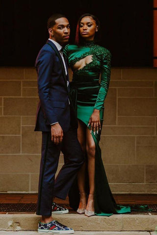 Chic Dark Green Appliques Front Split Formal DressesLong Sleevess