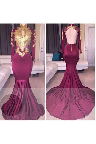 Chic High-Neck Long Sleeves Gold-Appliques Backless Prom Dresses